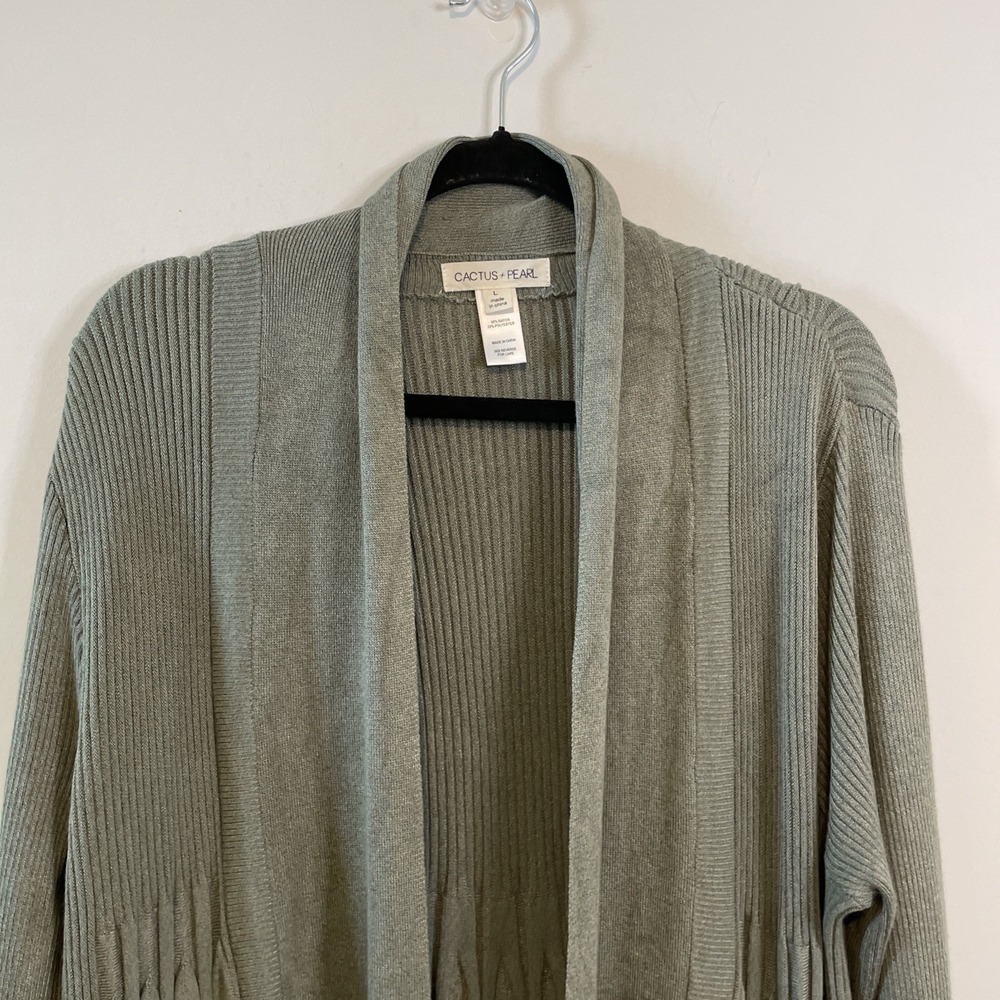 Cactus + Pearl L Sage Green Open Front Cardigan Ribbed Knit Long Sleeve - Picture 4 of 14